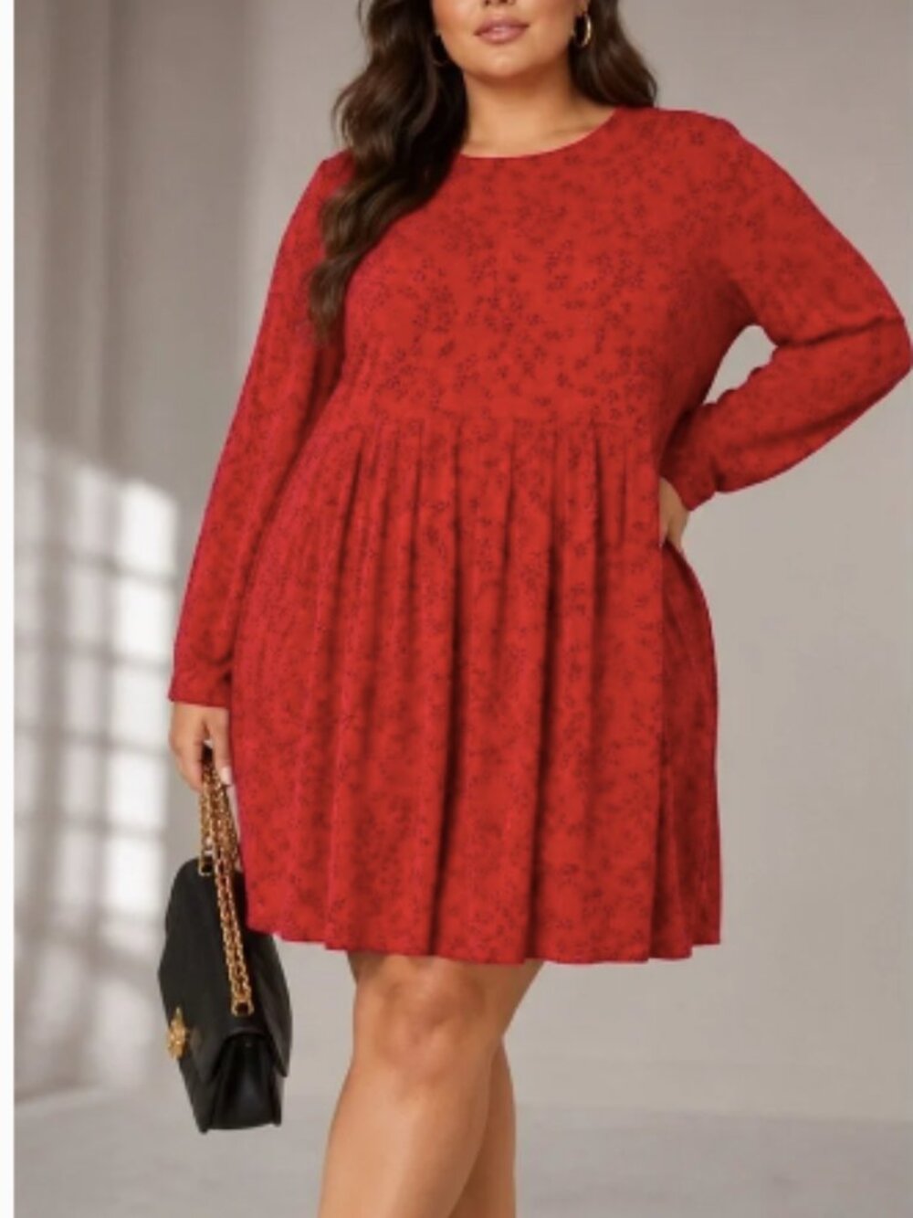 J. Jill Wearever Collection Red Black Leaf Print Long Sleeve Swing Dress